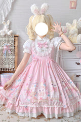 Pink Cute Cat Print High Waisted Ruffle Bowknot Sweet Princess Lolita JSK Dress - Product - 7
