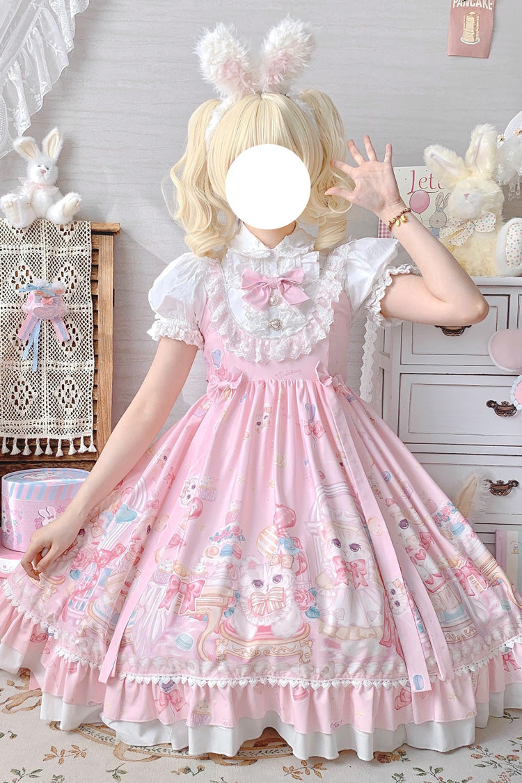 Pink Cute Cat Print High Waisted Ruffle Bowknot Sweet Princess Lolita JSK Dress - Product - 7