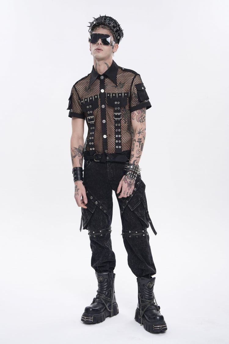 Black Lapel Collar Short Sleeves Cut-Out Spliced Sheer Mesh Studded Eyelet Men's Punk Small Pockets Cool Shirt - Product - 10