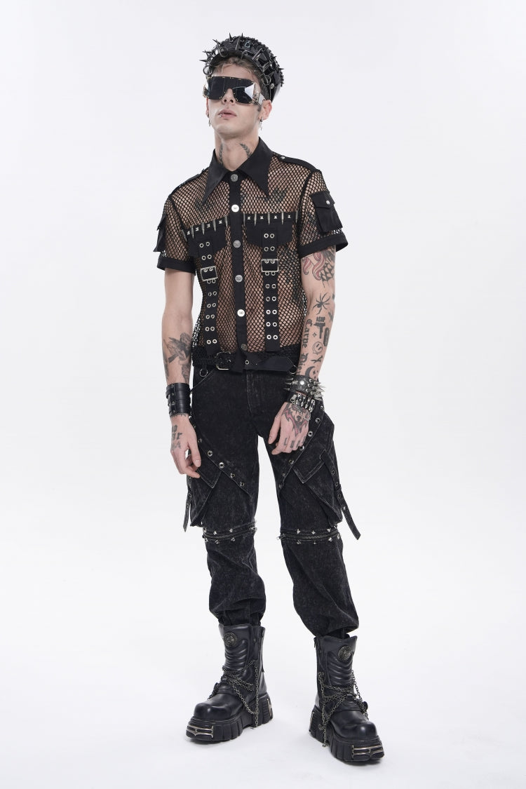 Black Lapel Collar Short Sleeves Cut-Out Spliced Sheer Mesh Studded Eyelet Men's Punk Small Pockets Cool Shirt - Product - 10
