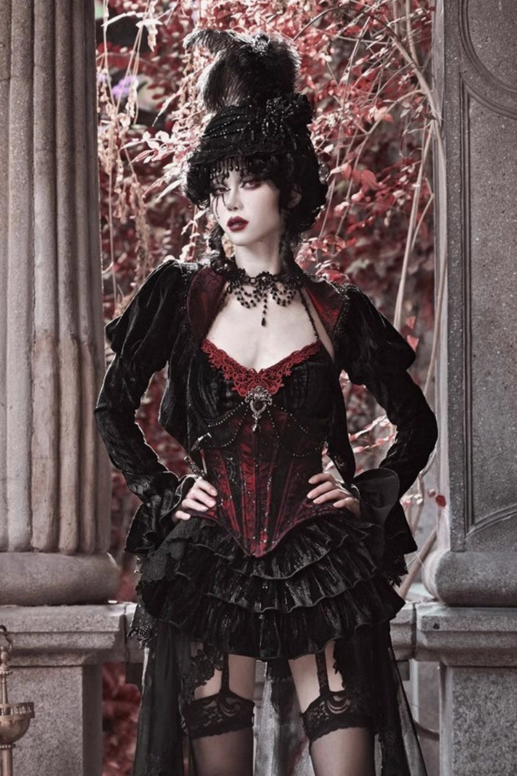 Black/Red Duchess Rococo Fishbone Girdle Multi-layer Ruffle Gothic Lolita Skirt - Product - 10