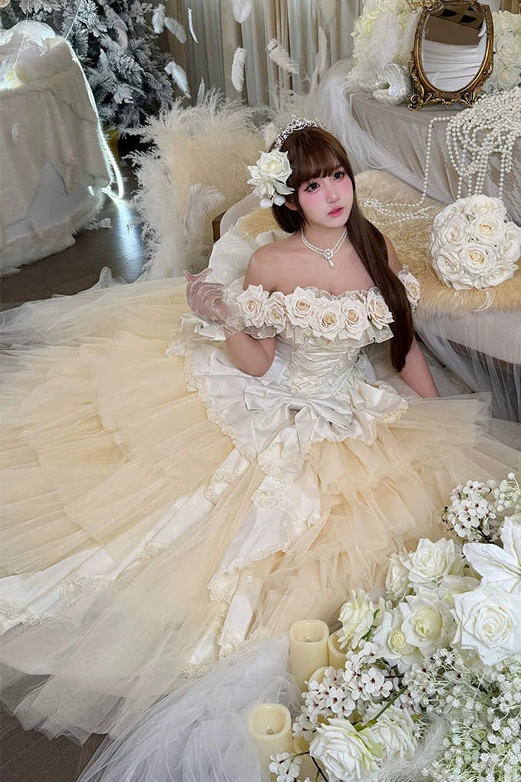 Apricot [Heart’s Beloved Rose] Sleeveless Ruffled Hanayome Bow Lace Lace-Up Sweet Lolita Jsk long Dress - Product - 9