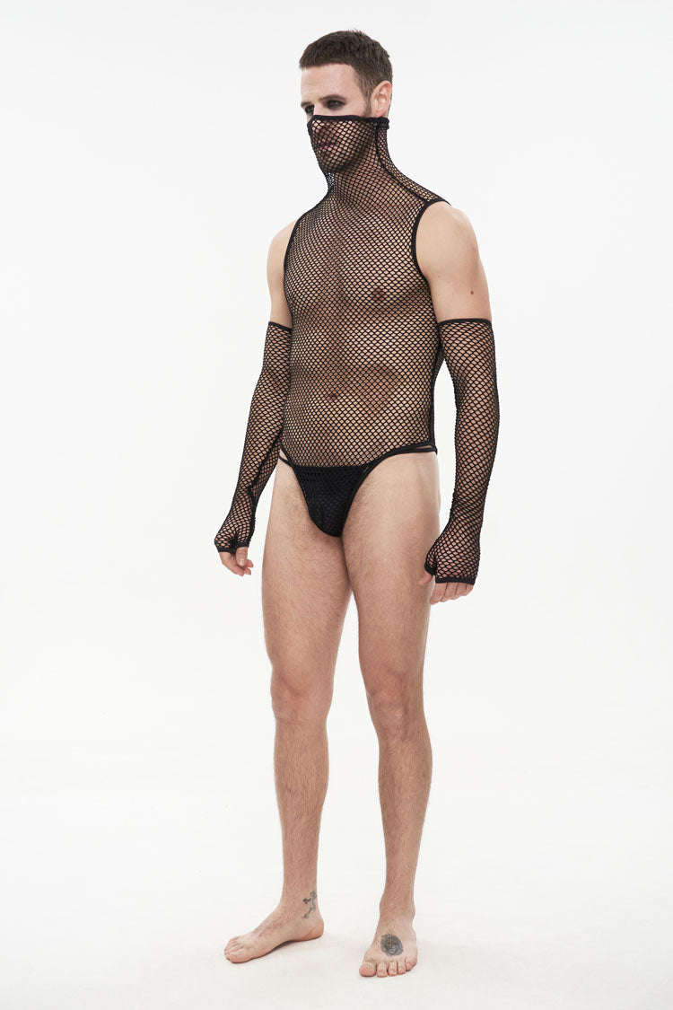 Black Transparent Mesh Sexy Super High Collar Masked Glove Thong Men's Punk Onesie - Product - 5