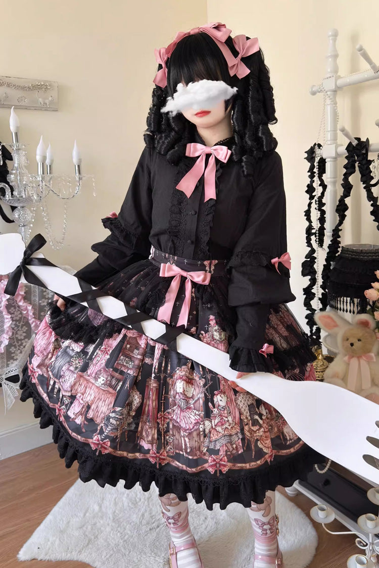 Black [The Case of the Missing Lamb] Print Ruffle Bowknot Lace Gothic Lolita SK Skirt - Product - 13