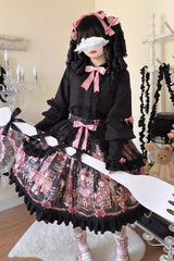 Black [The Case of the Missing Lamb] Print Ruffle Bowknot Lace Gothic Lolita SK Skirt - Product - 13