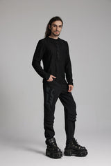 Black Round Collar Long Sleeves Triangle Buckle Men's Punk T-Shirt - Product - 4