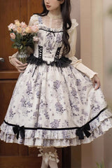 Ivory Rose Print Ruffle Sweet Elegant Princess Lolita Dress - Ivory - 1