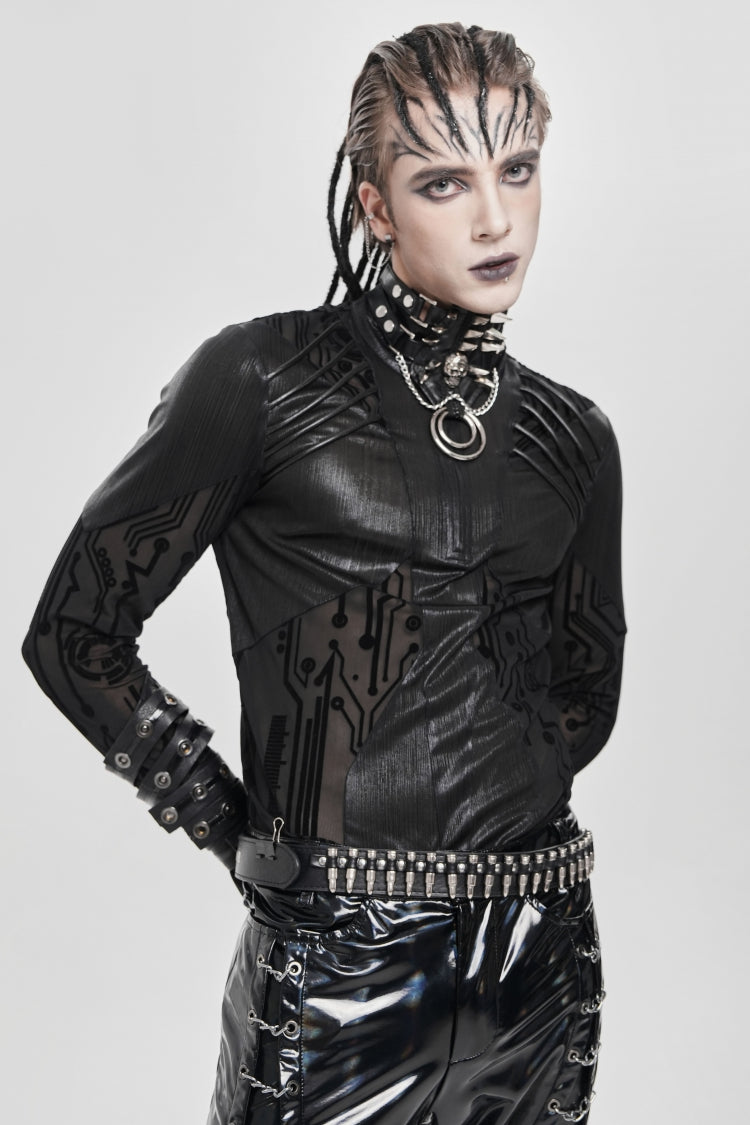 Black Long Sleeves Circuit Board Print Men's Punk Blouse - Product - 3