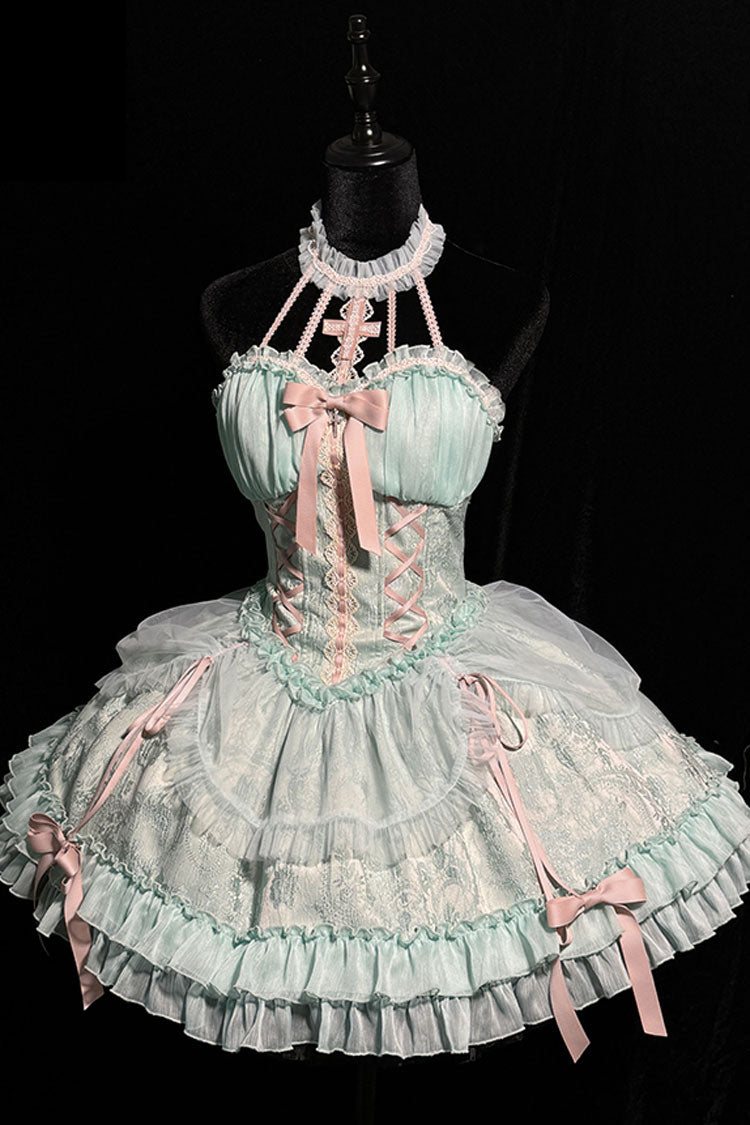 Green Cross Halterneck Ruffle Bowknot Lace Lace-Up Princess Sweet Lolita Dress - Product - 7