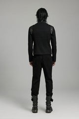 Black Round Collar Multi-Buckles Straps Faux Leather Men's Punk Jacket - Product - 3