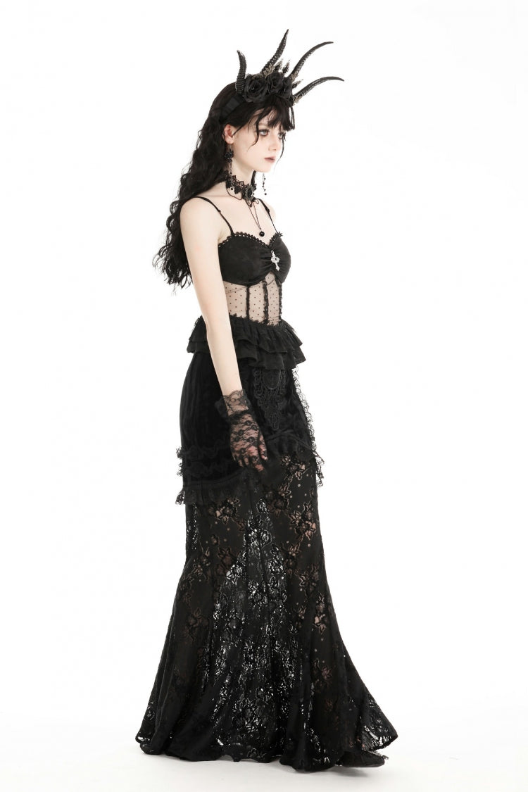 Black Spaghetti Straps Sheer Double-Layered Ruffled Lace Women's Gothic Top - Product - 2