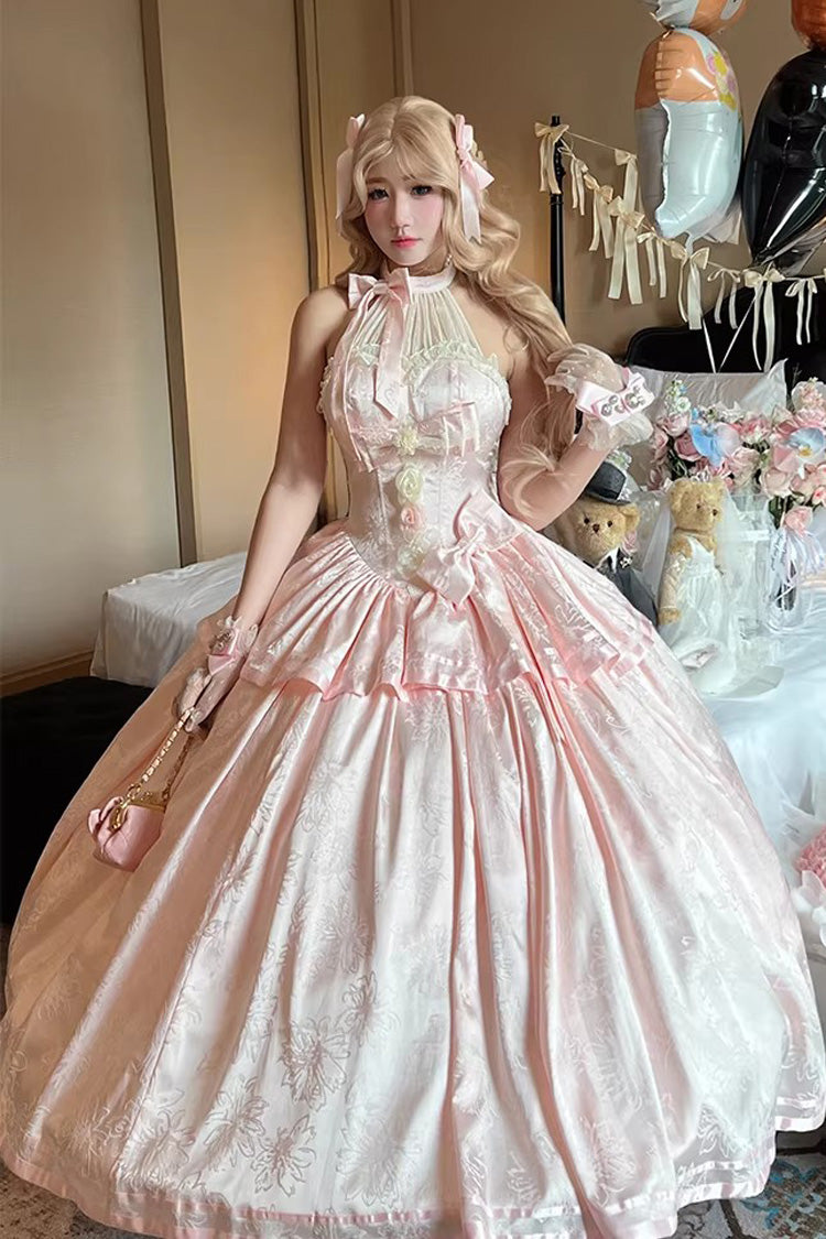 Pink [Softly Into Dreams] Halterneck Sleeveless Double-Layered Printed Ruffled Bow Lace Sweet Elegant Princess Gorgeous Lolita Jsk Long Dress - Pink - 1