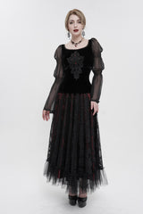 Black Velvet Paneled Chiffon Long Sleeves Chest Applique With Blood Red Diamonds Women's Gothic T-Shirt - Product - 4