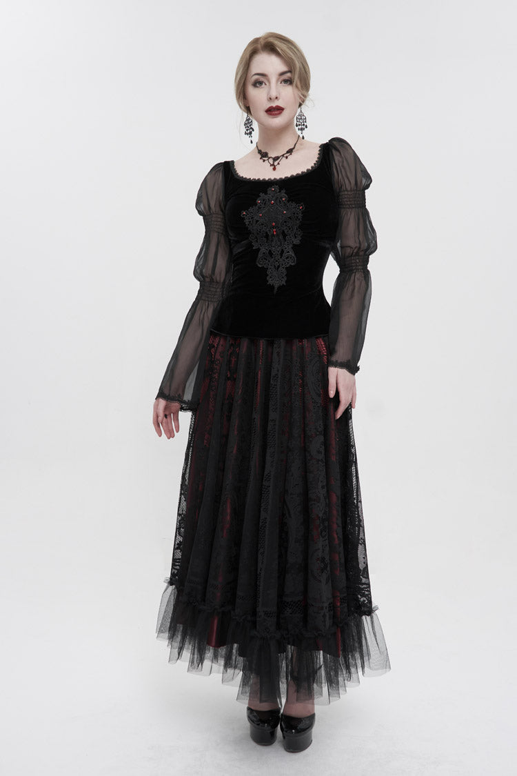 Black Velvet Paneled Chiffon Long Sleeves Chest Applique With Blood Red Diamonds Women's Gothic T-Shirt - Product - 4