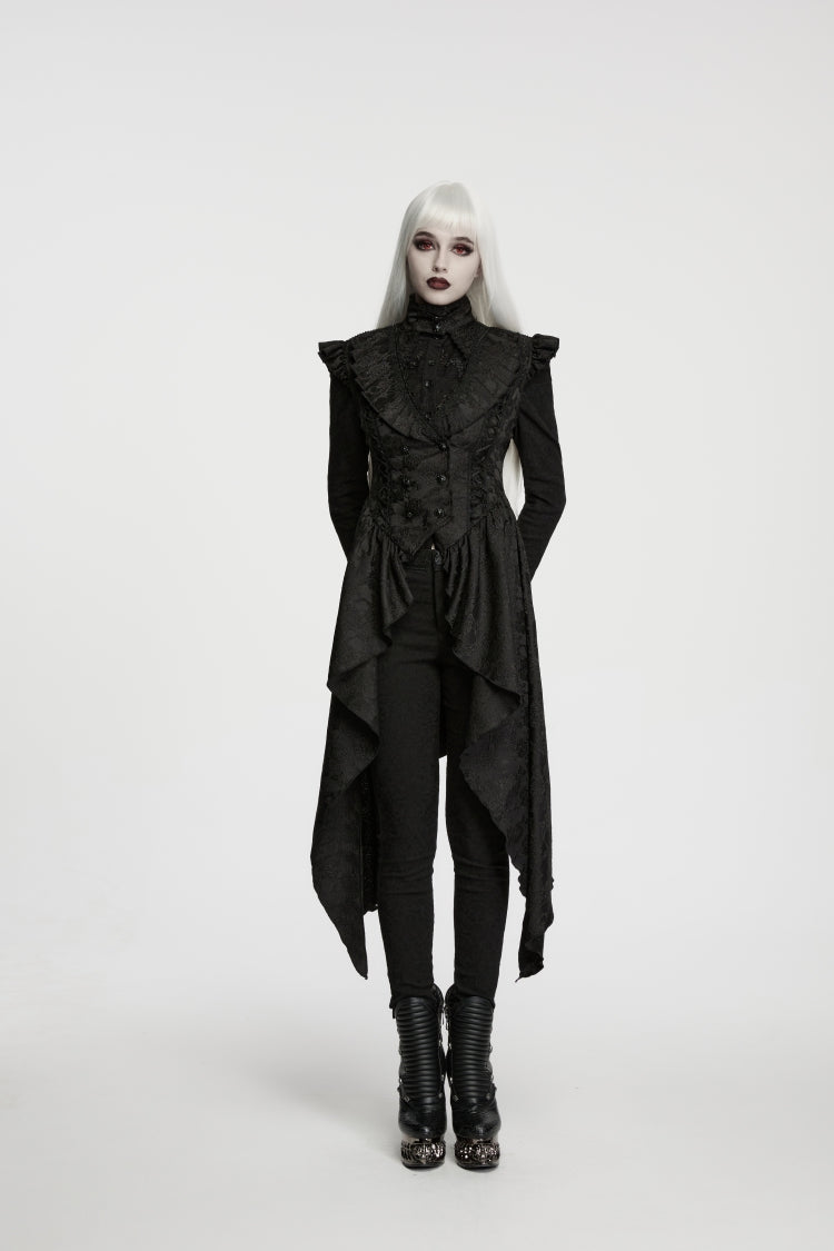 Black Stand Collar Sleeveless Jacquard Cut-Out Lace-Up Asymmetric Women's Gothic Elegant Vest - Product - 8