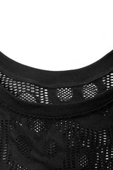 Black Long Sleeves Skull Print Lace Sheer Mesh Men's Steampunk T-Shirt - Product - 6