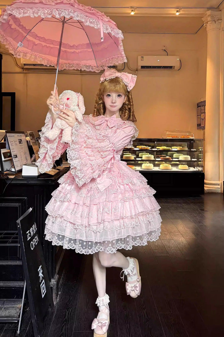 Pink [Love Overture] Multi-Layered Ruffle Bowknot Lace Sweet Lolita Jsk Dress - Product - 2