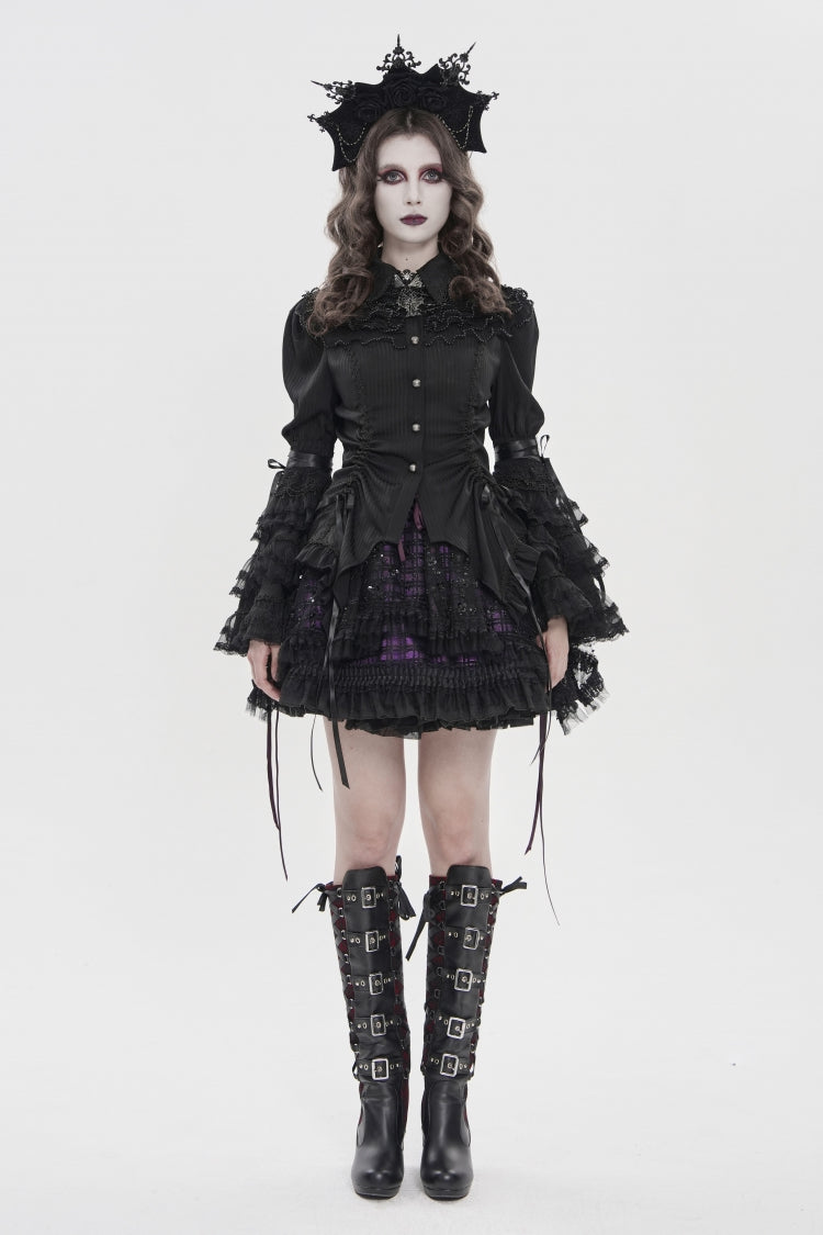 Black Lapel Collar Long Trumpet Sleeves Lace Lace-Up Women's Gothic Blouse - Product - 2