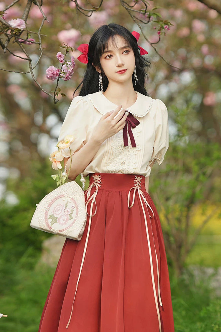Solid Color Lapel Collar Short Sleeves High Waisted Lace-Up Wave Hem Classic Lolita Two-Piece Skirt Set 7 Colors - Product - 8