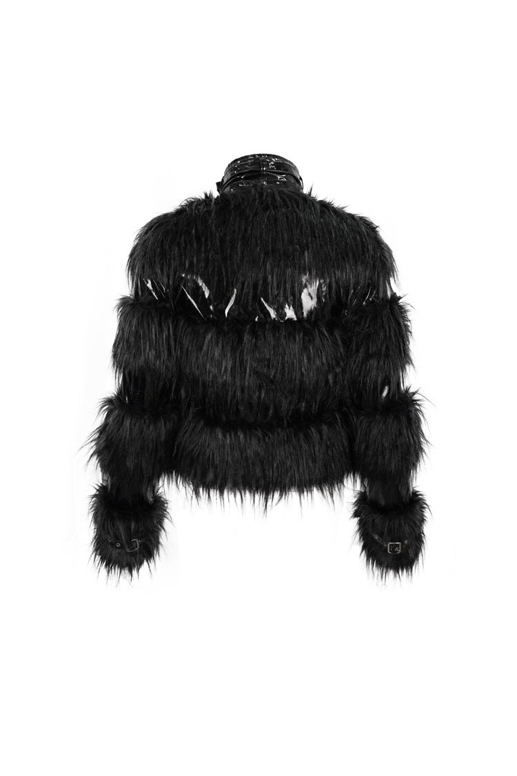 Black Metal Buckle Loop Stand Up Collar Splice Patent Leather Woolen Women's Punk Coat - Product - 9
