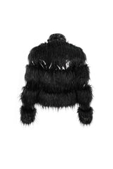 Black Metal Buckle Loop Stand Up Collar Splice Patent Leather Woolen Women's Punk Coat - Product - 9