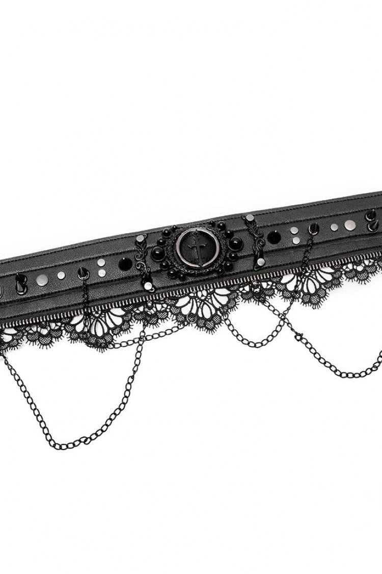 Black Leather Metal Rivets Lace Women's Gothic Chocker - Product - 6