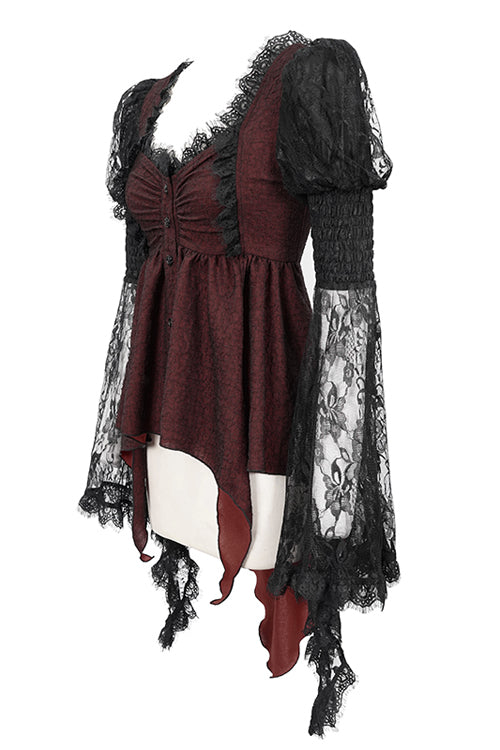 Black With Red Lace Trumpet Sleeves Womens Gothic Lolita Blouse - Product - 4