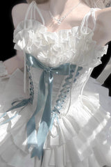 [Thousand Paper Cranes] Sleeveless Multi-Layered Ruffle Bowknot Lace-Up Fishbone Gothic Lolita Jsk Dress 4 Colors - Product - 7