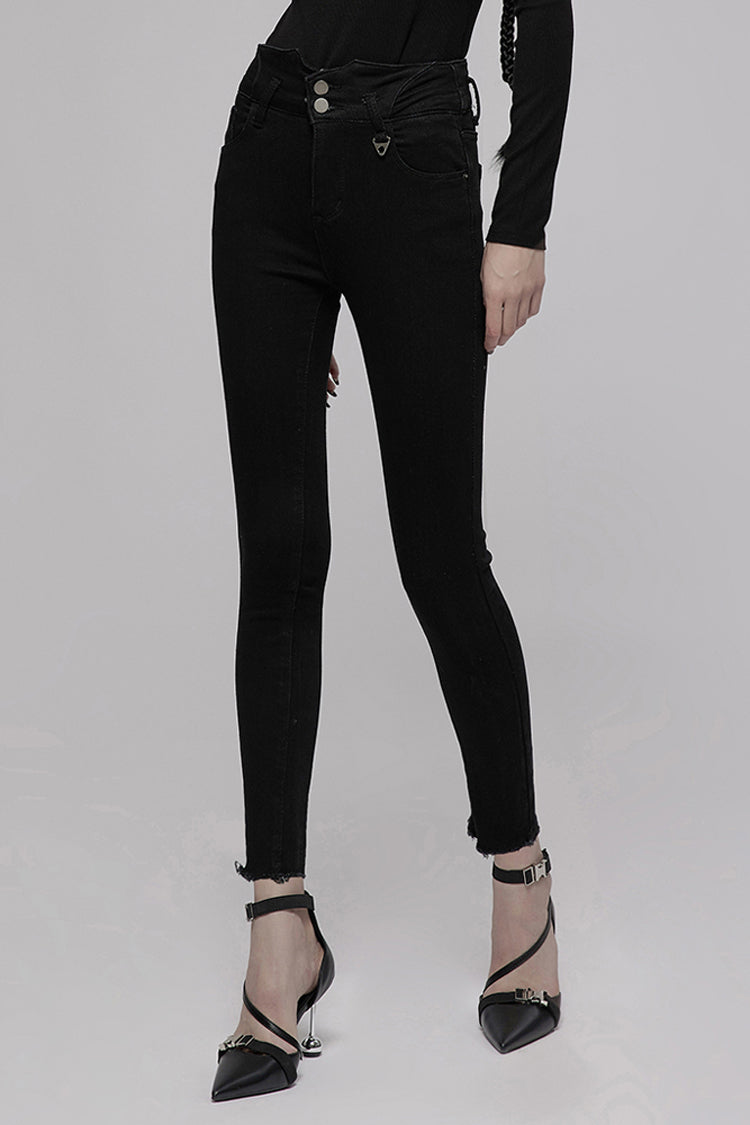 Black Triangular Metal Decorative Sheet Back Crossed Straps Tight Fit Punk Women's Denim Pants - Product - 3