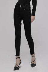 Black Triangular Metal Decorative Sheet Back Crossed Straps Tight Fit Punk Women's Denim Pants - Product - 3
