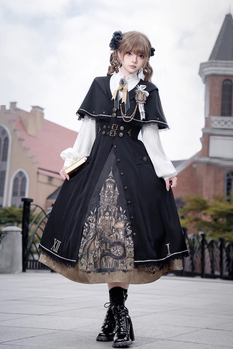 Black [Dragon’s Aria] Long Sleeves Printed Embroidered College Style Gothic Vintage Lolita Dress Three-Piece Set - Black(Set) - 1
