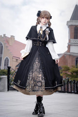 Black [Dragon’s Aria] Long Sleeves Printed Embroidered College Style Gothic Vintage Lolita Dress Three-Piece Set - Black(Set) - 1