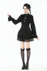 Black Long Bishop Sleeves Double-Layered Lace Hem Lace-Up Women's Gothic Dress - Product - 9