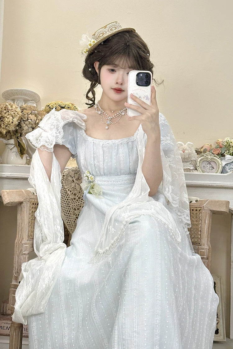 Blue Square Collar Short Sleeves Jacquard Ruffled Lace Sweet Elegant Lolita Dress - Product - 10