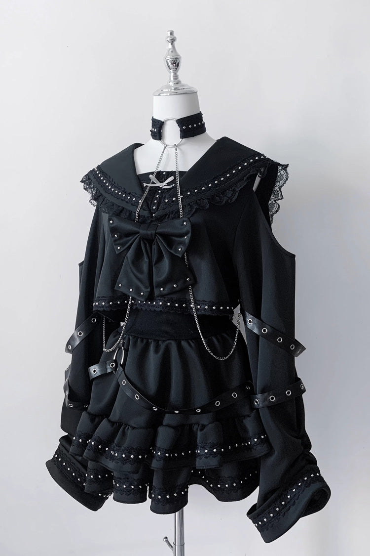 ブラック [Serpent Devour] ネイビー 襟 長袖 フリルリボン スタッズ ゴシック 地雷系 トップス＆スカートセット 商品画像