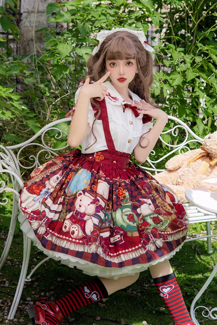 Red [Rabbit and Bear Feast] Print Ruffle Bowknot Sweet Lolita Skirt - Product - 4