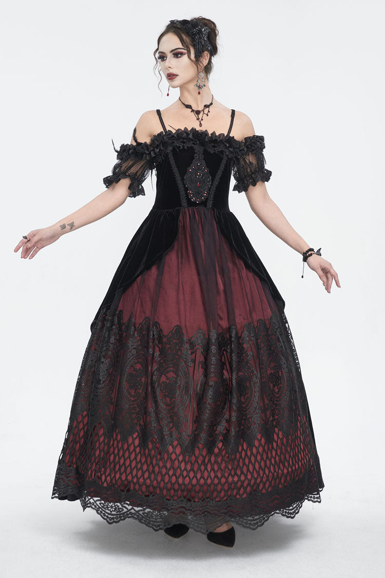 Red Off Shoulder High Waisted Print Lace Women's Gothic Dress - Product - 5
