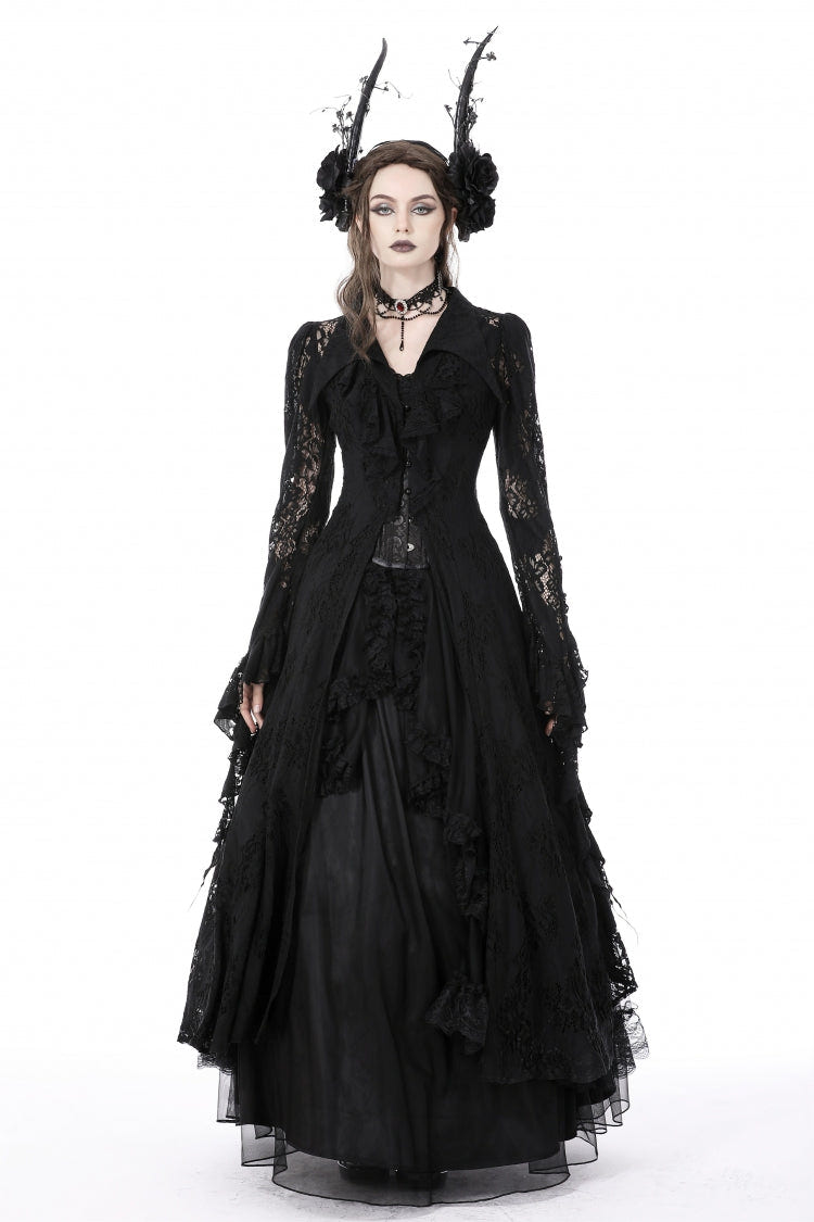 Black Lapel Collar Long Sleeves Ruffled Irregular Lace Lace-Up Women's Gothic Jacket Dress - Black - 1