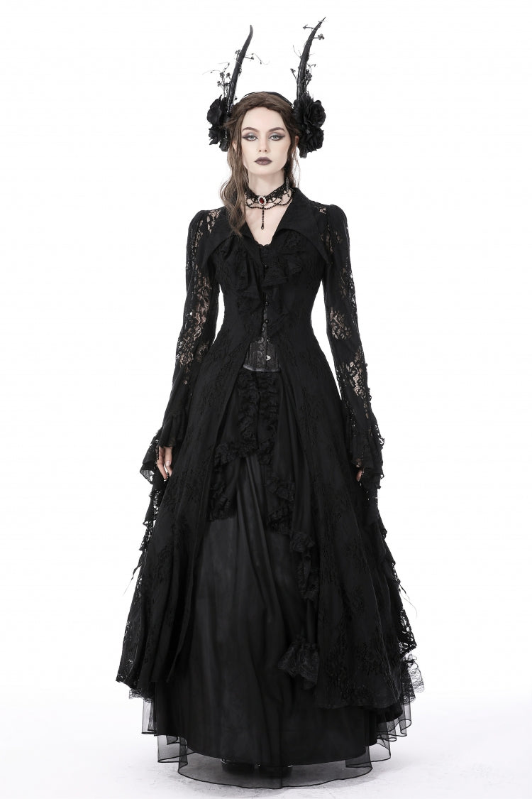 Black Lapel Collar Long Sleeves Ruffled Irregular Lace Lace-Up Women's Gothic Jacket Dress - Black - 1