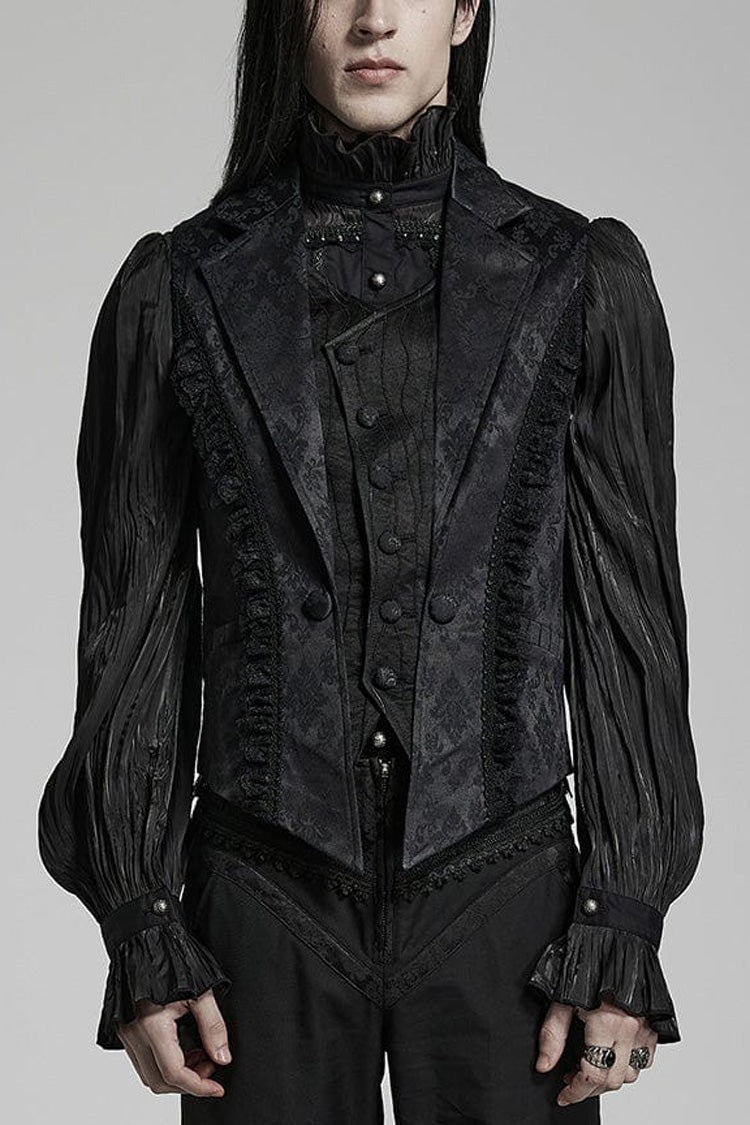 Black Lapel Collar Multi-layer Floral Print Ruffle Lace Mens Gothic Vest - Black - 1