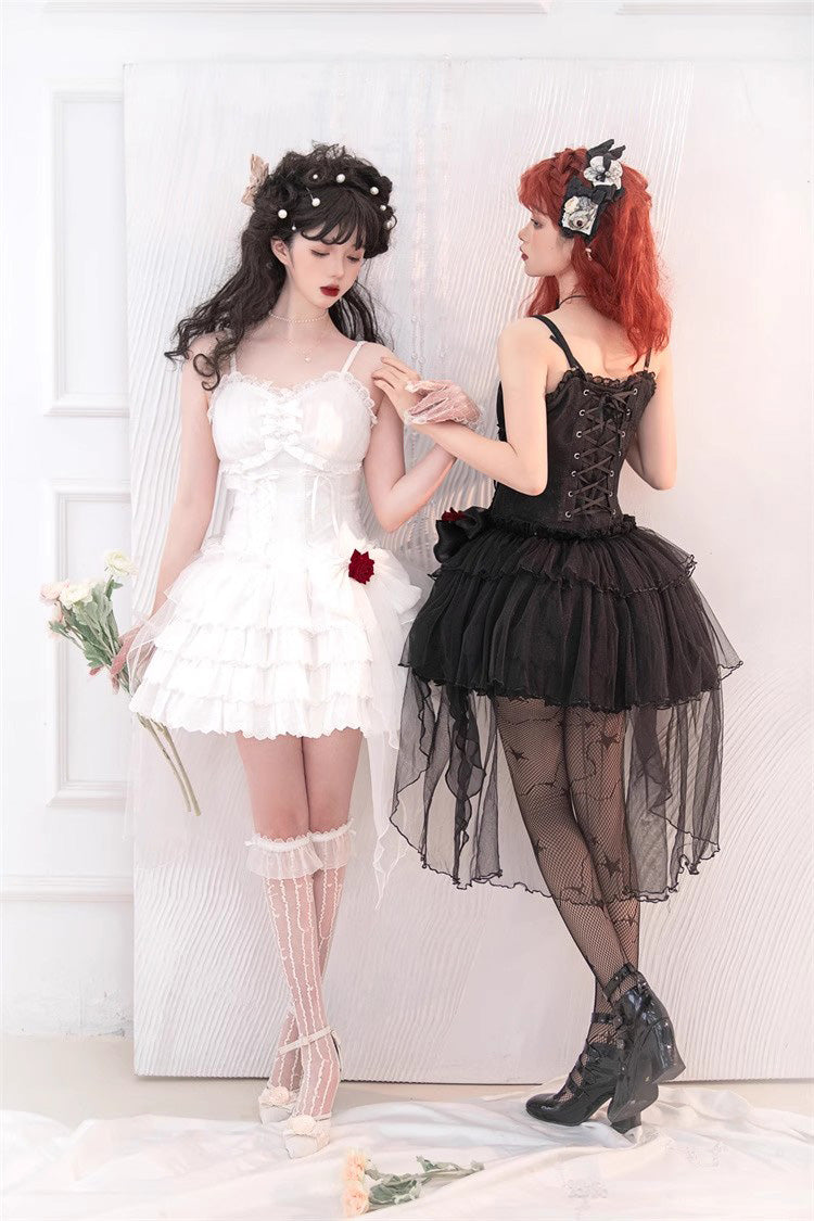 White High Waisted Multi-layer Rose Bowknot Lace-Up Gothic Lolita Jsk Dress - Product - 10