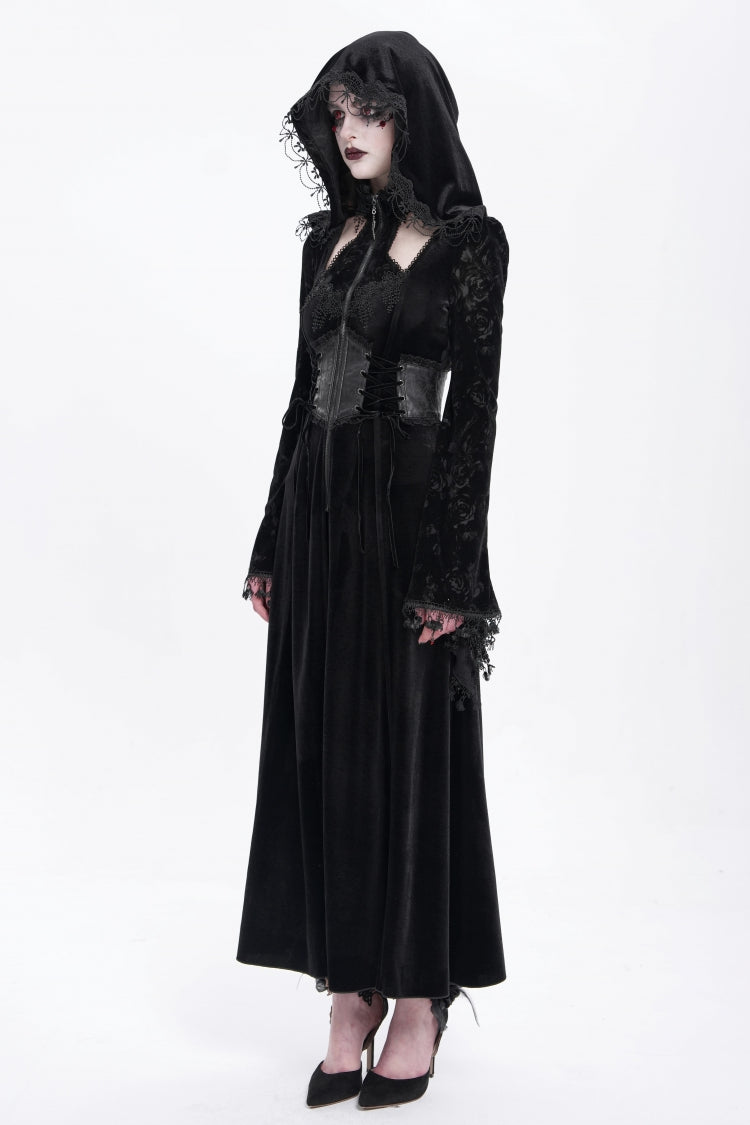 Black Long Sleeves Hollow Embroidery Hooded Ripped Women's Gothic Dress Coat - Product - 3