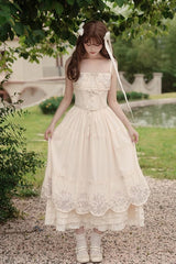 Apricot [Fantasy Butterfly] Triple-Layered Ruffle Embroidery Bowknot Lace Sweet Princess Lolita Jsk Dress - Product - 14