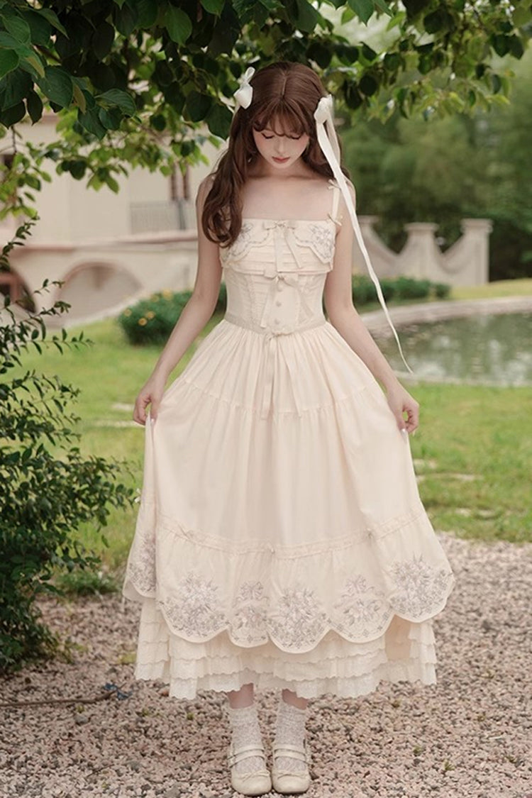 Apricot [Fantasy Butterfly] Triple-Layered Ruffle Embroidery Bowknot Lace Sweet Princess Lolita Jsk Dress - Product - 14