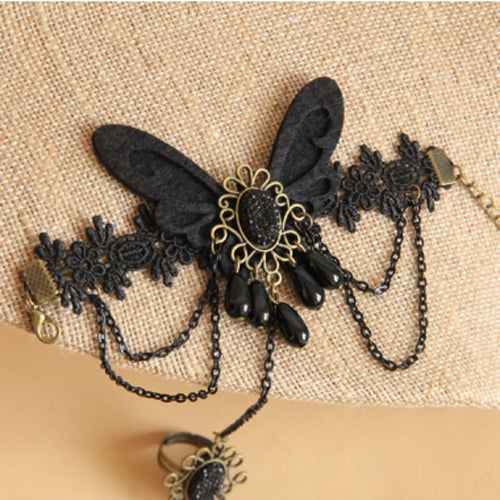 Black Lace Retro Female Gothic Lolita Bracelet Ring - Product - 4