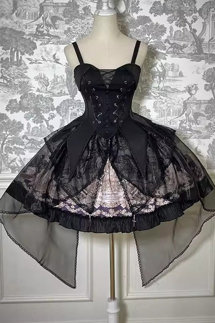 The Mystery Of The Doll Print Ruffle Bowknot Gothic Lolita Skirt Dress 2 Colors - Black - 1