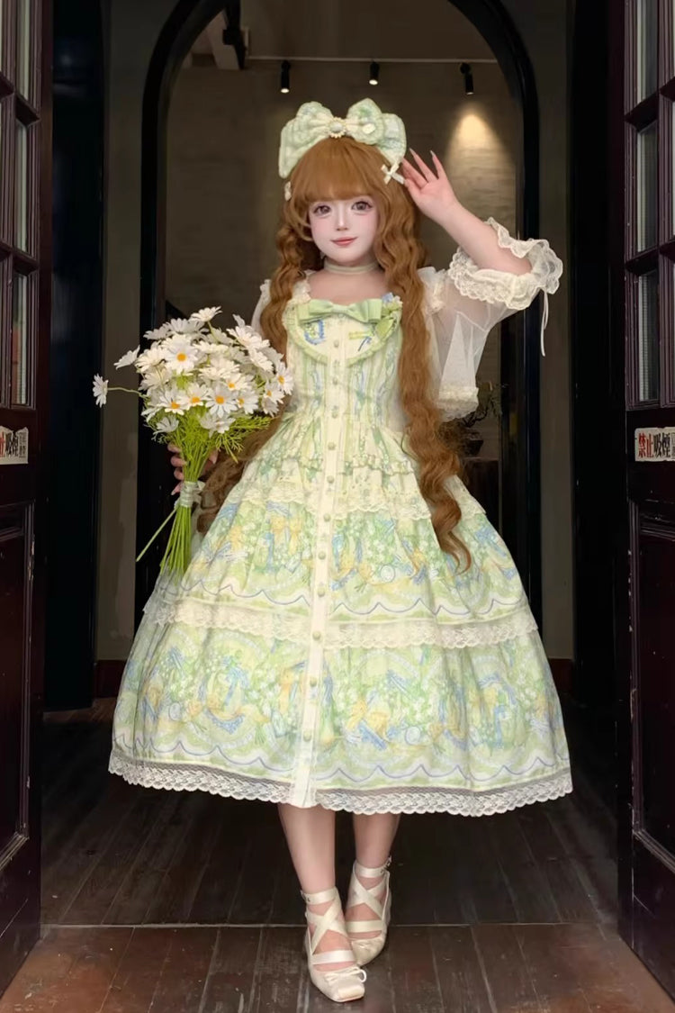 Ivory/Green [Lily of the Valley Perfume] Pearl Candy Tea Doll Collar Sleeveless Printed Lace Plus Size Sweet Lolita Jsk Dress - Product - 5