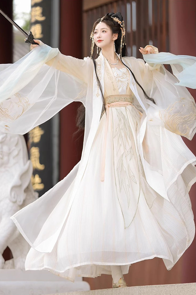 Beige Long Sleeves High Waisted Jacquard Print Embroidery Women's Sweet Hanfu Dress Full Set - Product - 3