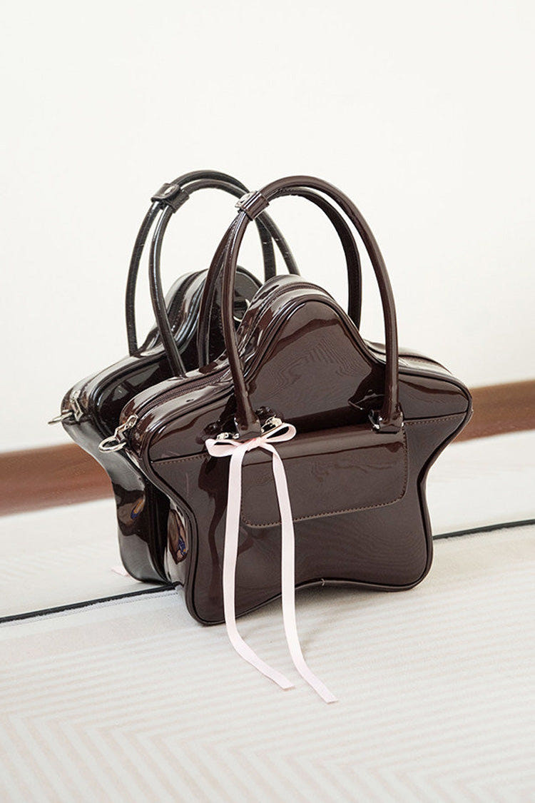 Chocolate Patent Leather Star Bow Sweet Lolita Handbag - Chocolate - 1