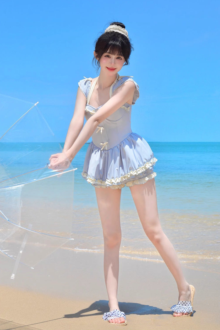 Blue Halterneck Ruffle Bowknot Sweet College Style Lolita One-piece Swimsuit - Product - 7